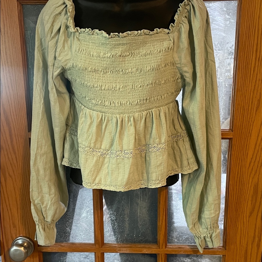 NWOT Celebrity Pink Sage Green Smocked Peplum Long-Sleeve Blouse
